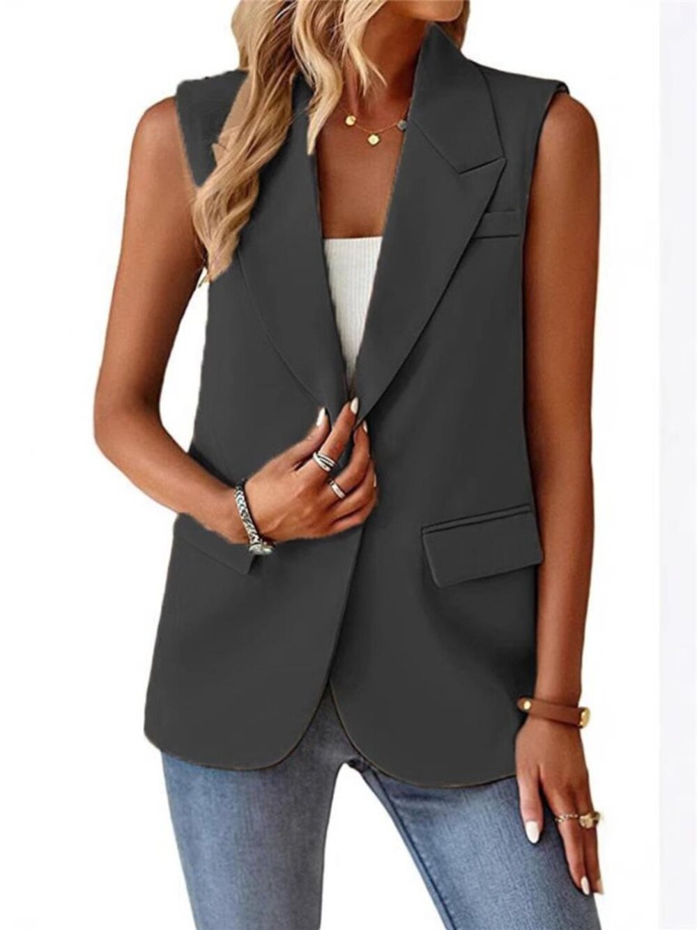 Full Size One Button Lapel Collar Vest Coat Plus Size